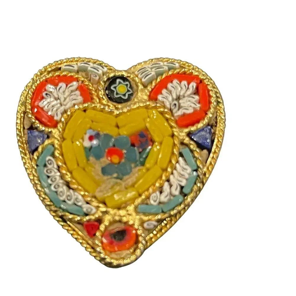 Vintage Italian micro mosaic heart brooch 1970's boho gold tone pin jewelry